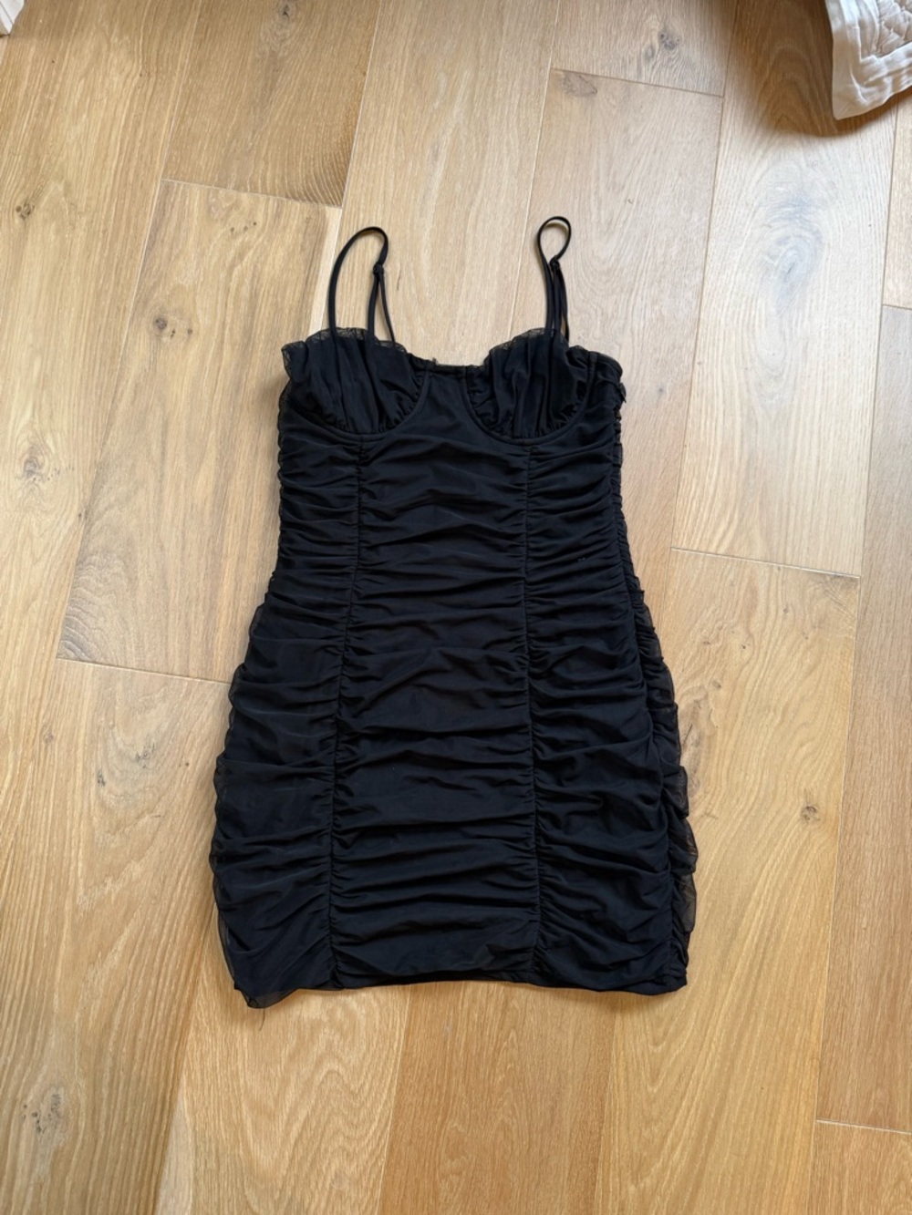 Black Ruched Mini Dress with Spaghetti Straps - Unbranded